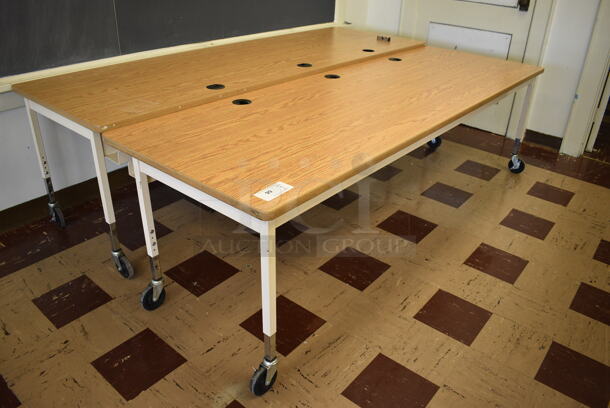2 Wood Pattern Table on Metal Legs w/ Commercial Casters. BUYER MUST REMOVE. 90x30x26. 2 Times Your Bid! (Clearview Elementary - Room 6)