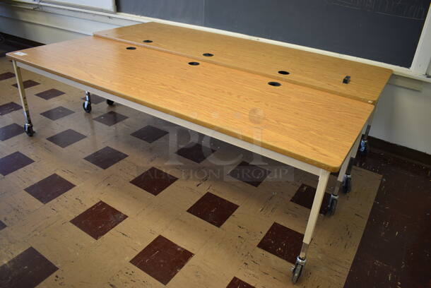 2 Wood Pattern Table on Metal Legs w/ Commercial Casters. BUYER MUST REMOVE. 90x30x26. 2 Times Your Bid! (Clearview Elementary - Room 6) - Image 3 of 4