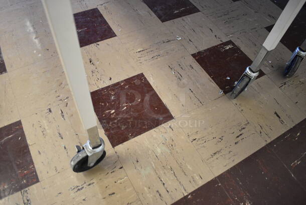 2 Wood Pattern Table on Metal Legs w/ Commercial Casters. BUYER MUST REMOVE. 90x30x26. 2 Times Your Bid! (Clearview Elementary - Room 6) - Image 4 of 4