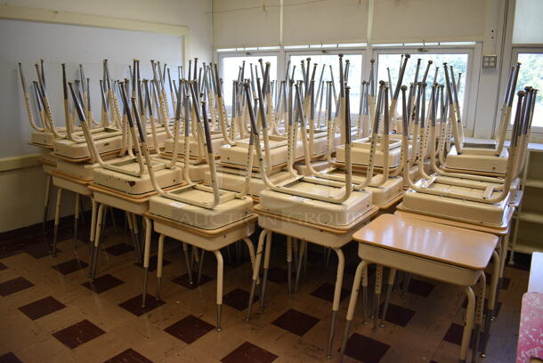 26 Tan Metal Student Desk w/ Raising Desktop. BUYER MUST REMOVE. 24.5x18.5x28. 26 Times Your Bid! (Clearview Elementary - Room 2) - Image 5 of 5