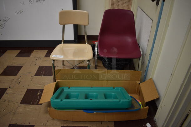 ALL ONE MONEY! Lot of 2 Chairs and Various Items Including Green Poly Item. BUYER MUST REMOVE. Includes 17x17x30. (Clearview Elementary - Room 1)