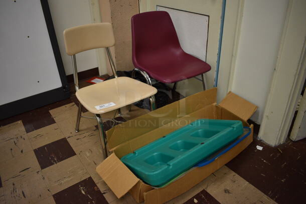 ALL ONE MONEY! Lot of 2 Chairs and Various Items Including Green Poly Item. BUYER MUST REMOVE. Includes 17x17x30. (Clearview Elementary - Room 1) - Image 2 of 4