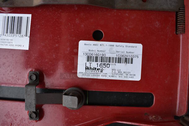 White Outdoor Model 13C0616G190 Turbo Cooling LT1650 Hydro Riding Lawnmower. Comes w/ 1 Key. BUYER MUST REMOVE. 36x63x40. (stadium) - Image 10 of 12