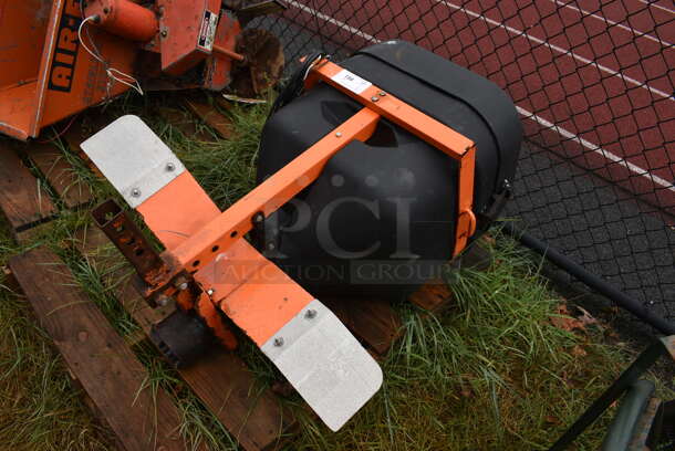 Black and Orange Metal Commercial Salt Spreader. BUYER MUST REMOVE. 35x21x39.5. (stadium)