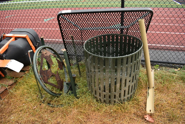 ALL ONE MONEY! Lot of Various Playground Items; Trash Can Shell, Tabletop, Base and Pole. BUYER MUST REMOVE. Includes 46x46x2. (stadium)