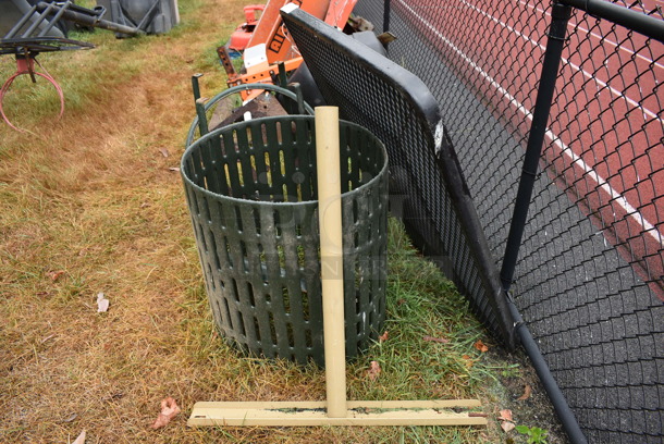 ALL ONE MONEY! Lot of Various Playground Items; Trash Can Shell, Tabletop, Base and Pole. BUYER MUST REMOVE. Includes 46x46x2. (stadium) - Image 6 of 7