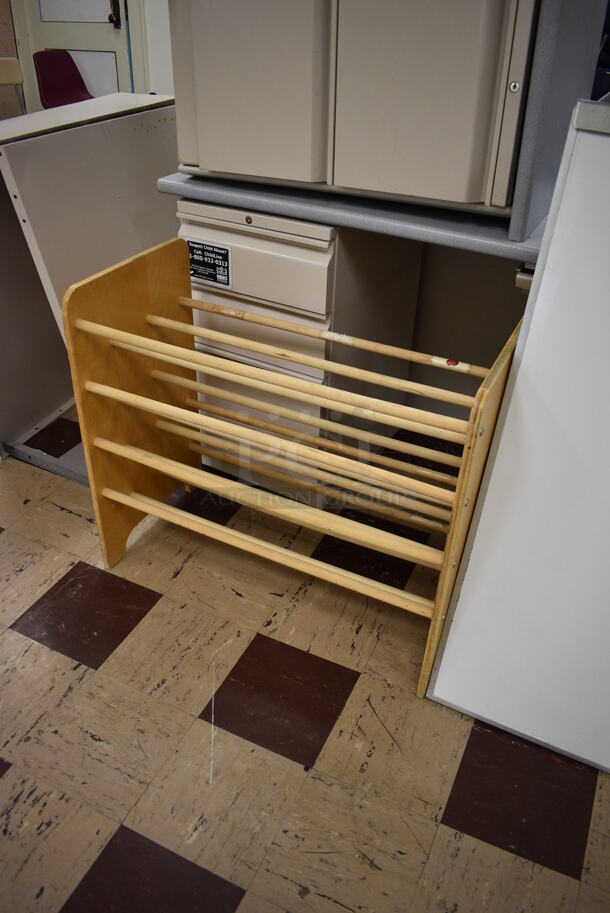 ALL ONE MONEY! Lot of 5 Various Items Including Desks, Board and Wooden Rack. BUYER MUST REMOVE. Includes 29x15x26. (Clearview Elementary - Room 1) - Image 3 of 7