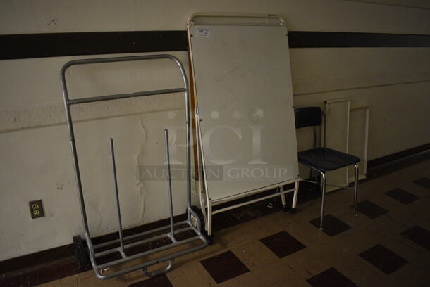 ALL ONE MONEY! Lot of Metal Rack, Easel, Chair and Panels. BUYER MUST REMOVE. Includes 33x16x49. (Clearview Elementary - Upper Level Hallway) - Image 1 of 4