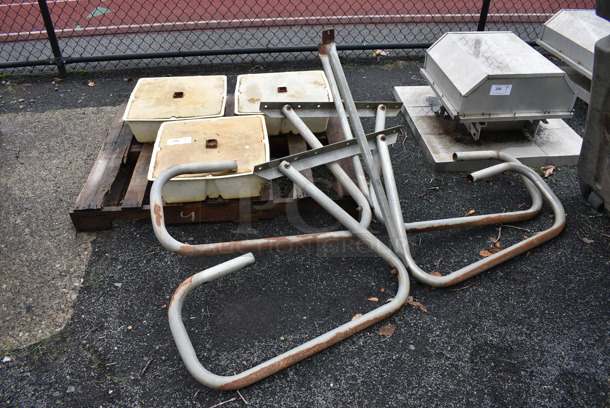 ALL ONE MONEY! Lot of 3 Bases and 2 Metal Table Bases. BUYER MUST REMOVE. Includes 19x19x6. (stadium) - Image 1 of 7