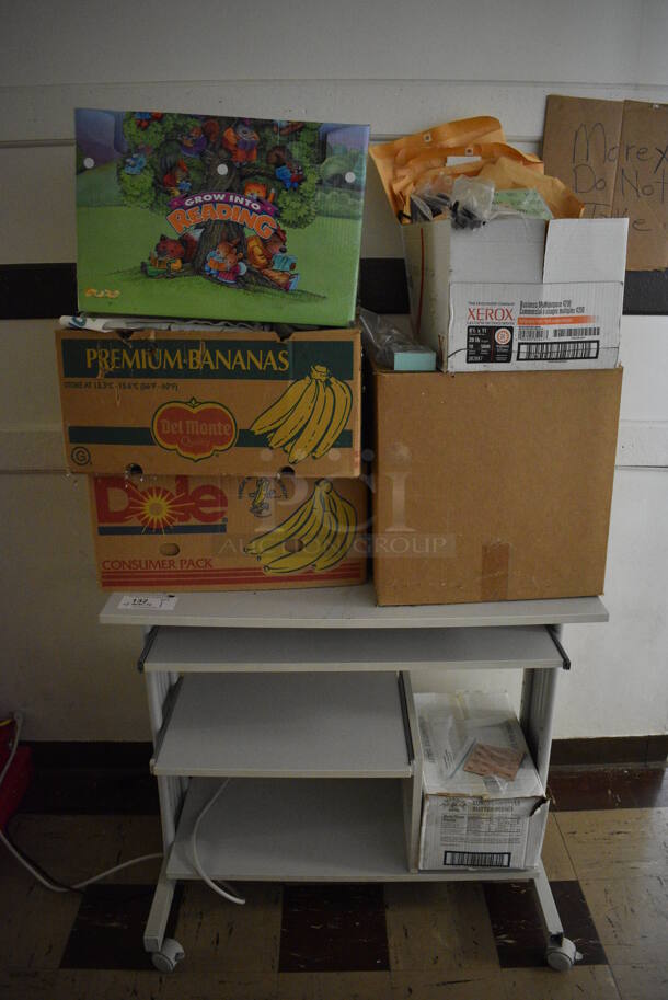 ALL ONE MONEY! Lot of Gray Desk w/ Contents. BUYER MUST REMOVE. 36x20x31. (Clearview Elementary - Upper Level Hallway) - Image 1 of 9