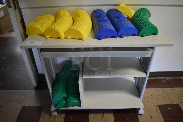 ALL ONE MONEY! Lot of Gray Desk w/ 4 Yellow, 2 Blue and 4 Green Bumpers. BUYER MUST REMOVE. 36x20x31. (Clearview Elementary - Upper Level Hallway) - Image 1 of 5