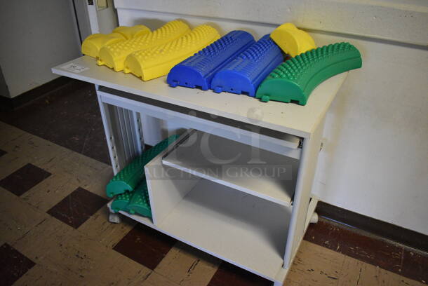ALL ONE MONEY! Lot of Gray Desk w/ 4 Yellow, 2 Blue and 4 Green Bumpers. BUYER MUST REMOVE. 36x20x31. (Clearview Elementary - Upper Level Hallway) - Image 2 of 5