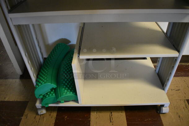 ALL ONE MONEY! Lot of Gray Desk w/ 4 Yellow, 2 Blue and 4 Green Bumpers. BUYER MUST REMOVE. 36x20x31. (Clearview Elementary - Upper Level Hallway) - Image 4 of 5