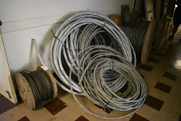 ALL ONE MONEY! Lot of Various Wires Including 4 Spools. BUYER MUST REMOVE. Includes 36x36x31. (Clearview Elementary - Upper Level Hallway) - Image 1 of 6