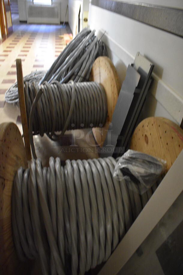 ALL ONE MONEY! Lot of Various Wires Including 4 Spools. BUYER MUST REMOVE. Includes 36x36x31. (Clearview Elementary - Upper Level Hallway) - Image 6 of 6