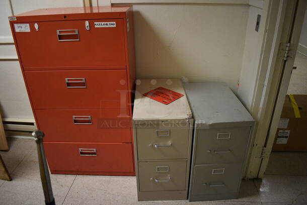 3 Various Metal Filing Cabinets; Orange 4 Drawer, Tan 2 Drawer and Gray 2 Drawer. BUYER MUST REMOVE. Includes 30x18x53. 3 Times Your Bid! (Clearview Elementary - Upstairs Hallway) - Image 1 of 6