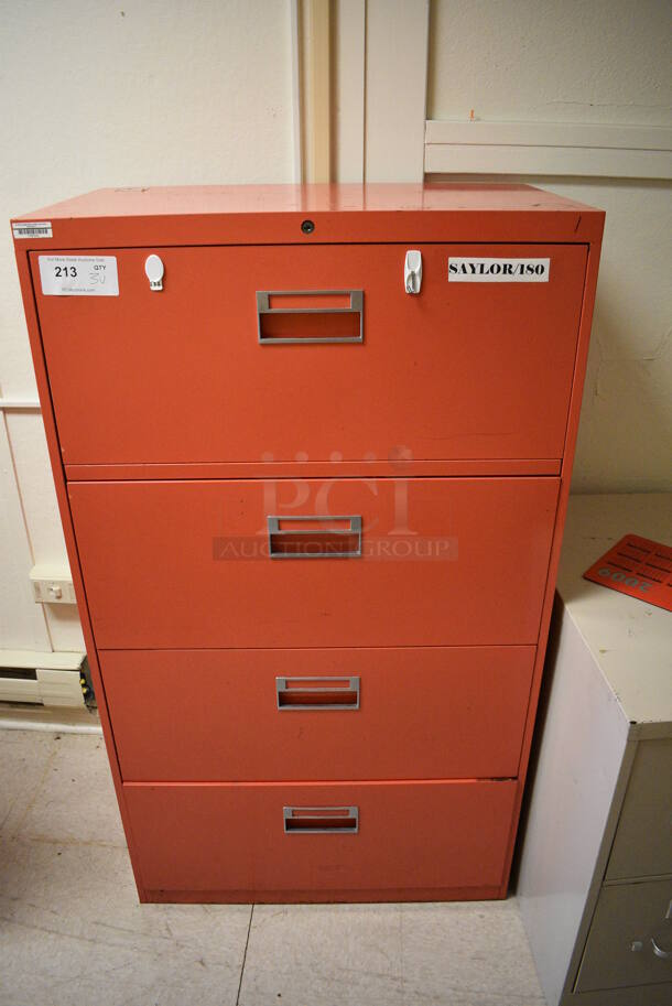 3 Various Metal Filing Cabinets; Orange 4 Drawer, Tan 2 Drawer and Gray 2 Drawer. BUYER MUST REMOVE. Includes 30x18x53. 3 Times Your Bid! (Clearview Elementary - Upstairs Hallway) - Image 4 of 6