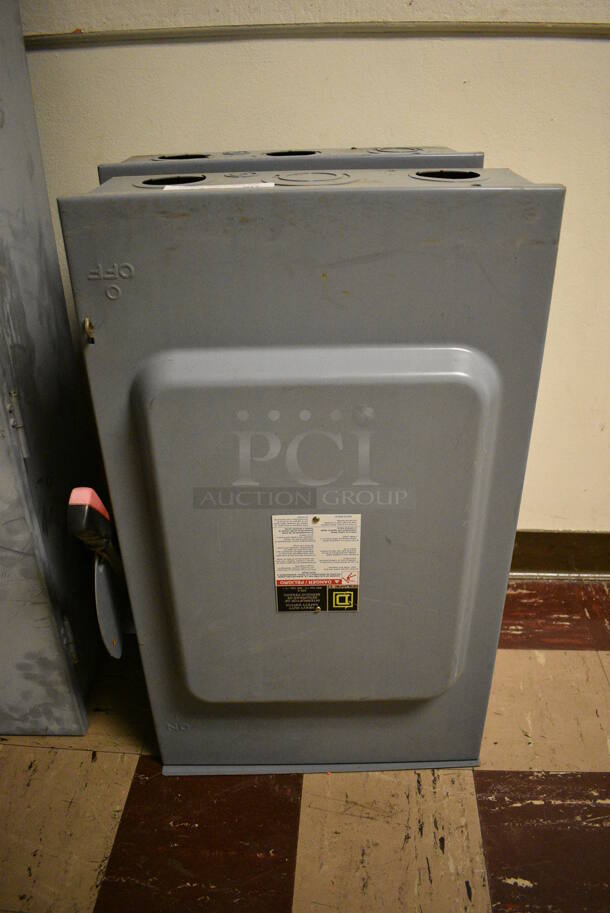 2 Square D Gray Metal Heavy Duty Safety Switch. BUYER MUST REMOVE. 19x10x29. 2 Times Your Bid! (Clearview Elementary - Upper Level Hallway)