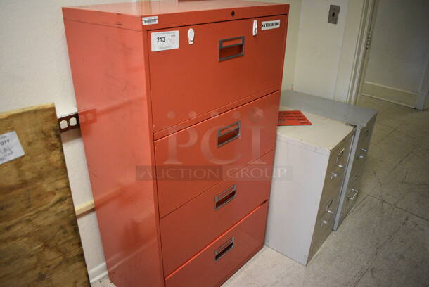 3 Various Metal Filing Cabinets; Orange 4 Drawer, Tan 2 Drawer and Gray 2 Drawer. BUYER MUST REMOVE. Includes 30x18x53. 3 Times Your Bid! (Clearview Elementary - Upstairs Hallway) - Image 5 of 6