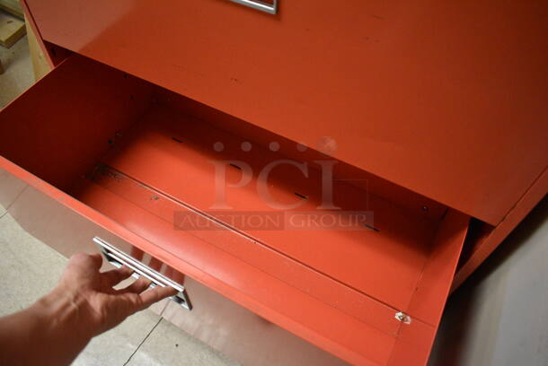 3 Various Metal Filing Cabinets; Orange 4 Drawer, Tan 2 Drawer and Gray 2 Drawer. BUYER MUST REMOVE. Includes 30x18x53. 3 Times Your Bid! (Clearview Elementary - Upstairs Hallway) - Image 6 of 6
