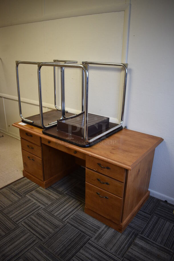 3 Items; Wood Pattern Desk and 2 Childrens Desks. Includes 59.5x29.5x28.5. BUYER MUST REMOVE. 3 Times Your Bid! (Clearview Elementary - Upstairs Hallway)