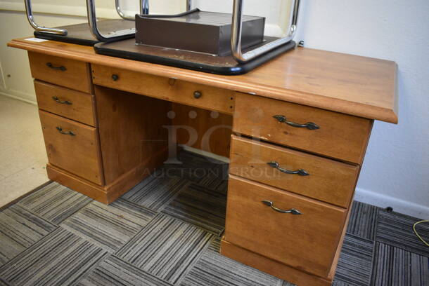 3 Items; Wood Pattern Desk and 2 Childrens Desks. Includes 59.5x29.5x28.5. BUYER MUST REMOVE. 3 Times Your Bid! (Clearview Elementary - Upstairs Hallway) - Image 3 of 6