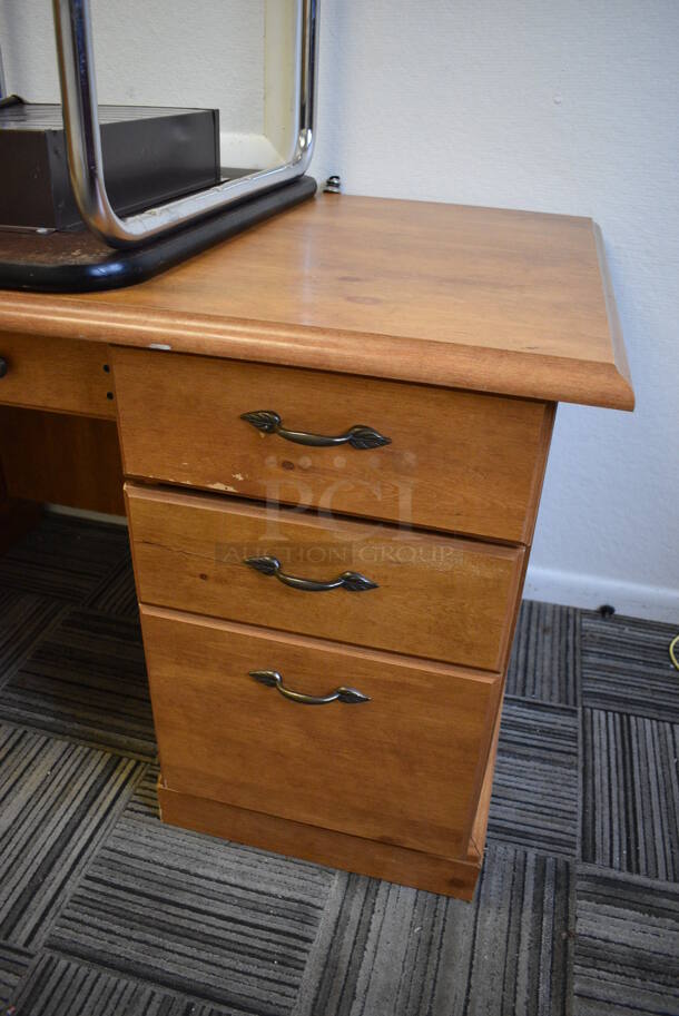 3 Items; Wood Pattern Desk and 2 Childrens Desks. Includes 59.5x29.5x28.5. BUYER MUST REMOVE. 3 Times Your Bid! (Clearview Elementary - Upstairs Hallway) - Image 4 of 6