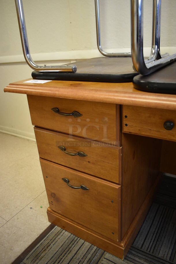 3 Items; Wood Pattern Desk and 2 Childrens Desks. Includes 59.5x29.5x28.5. BUYER MUST REMOVE. 3 Times Your Bid! (Clearview Elementary - Upstairs Hallway) - Image 5 of 6