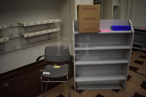 ALL ONE MONEY! Lot of Gray Bookshelf, Books and Gray Chair. Includes 35.5x8x48. (Clearview Elementary - Room 1)