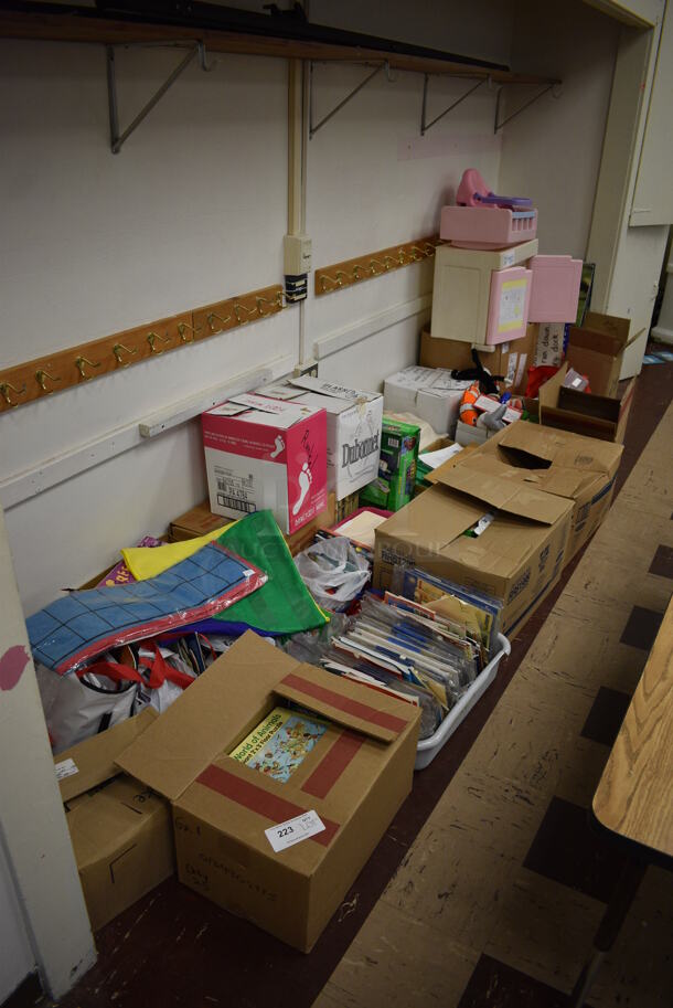 ALL ONE MONEY! Lot of Various Cardboard Boxes of Books and Toys. BUYER MUST REMOVE. (Clearview Elementary - Room 4)