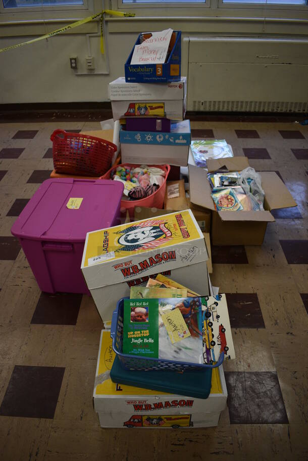 ALL ONE MONEY! Lot of Various Boxes of Books and Toys! BUYER MUST REMOVE. (Clearview Elementary - Room 3)