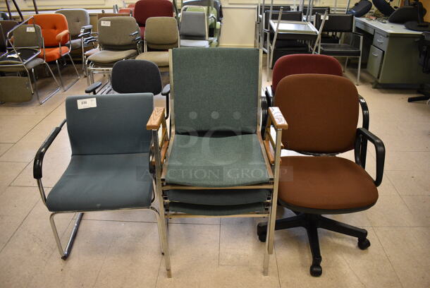 8 Various Chairs; 4 Blue, Orange Brown, 2 Red and Gray. BUYER MUST REMOVE. Includes 22x21x28. 8 Times Your Bid! (Clearview Elementary - Room 7)