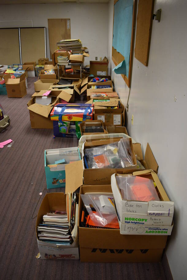 ALL ONE MONEY! MEGA ROOM LOT Including Various Books, Textbooks and Bins! Does Not Include Bookshelves. BUYER MUST REMOVE. (Clearview Elementary - Lower Level) - Image 2 of 10