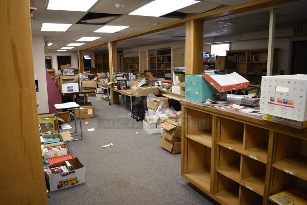 ALL ONE MONEY! MEGA ROOM LOT Including Various Books, Textbooks and Bins! Does Not Include Bookshelves. BUYER MUST REMOVE. (Clearview Elementary - Lower Level)