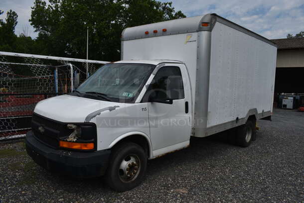2005 Chevrolet Express G3500 Box Truck. Odometer Reads 140,074. VIN 1GBJG31UX5117213. Title In Hand. This Vehicle Was In Working Condition When Last Used But Has Been Sitting and Will Need It's Battery To Be Jumped. See Lot #2 For Additional Pictures. (Vehicle #115)