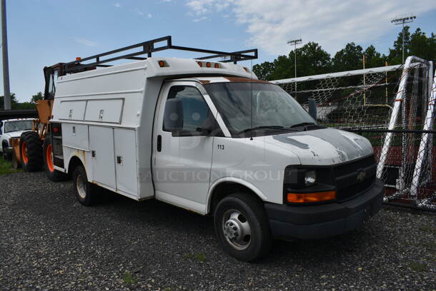 2003 Chevrolet G3500 Work Truck w/ Exterior Storage Cabinets. Odometer Reads 114,874. VIN 1GBJG31U231164761. Title In Hand. This Vehicle Was In Working Condition When Last Used But Has Been Sitting and Will Need It's Battery To Be Jumped. See Lot #4 For Additional Pictures. (Vehicle #113)