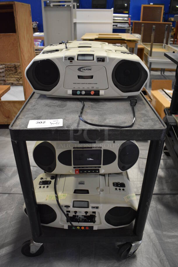 Black Poly 2 Tier Cart on Commercial Casters w/ 5 Califone Radios. 18x27x25. (Middle School Gym)