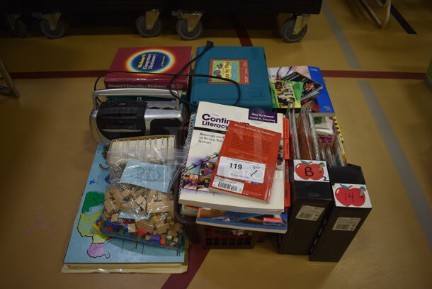 ALL ONE MONEY! Lot of Various Items Including Websters Dictionary, Books, Blocks and Radio. (Chipperfield Elementary Gym)