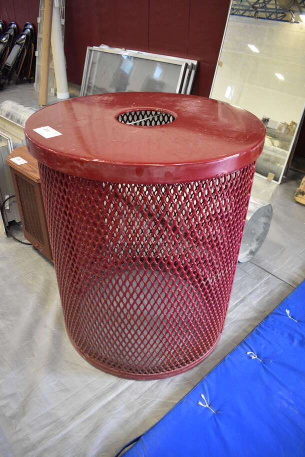 Red Metal Mesh Trash Can Shell. 31.5x31.5x37. (Middle School Gym)
