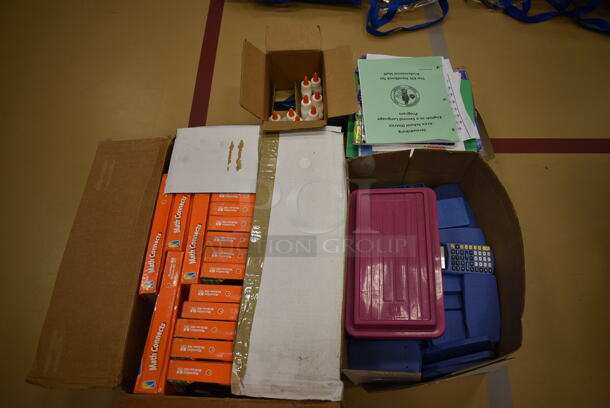 ALL ONE MONEY! Lot of Various Items Including Glue, Calculators and math Connects Books. (Chipperfield Elementary Gym)