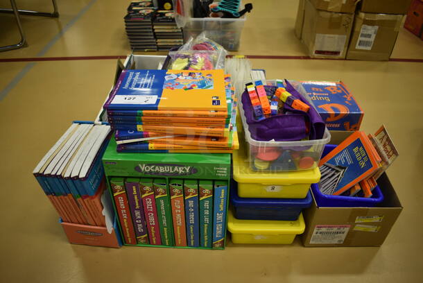 ALL ONE MONEY! Lot of Various Items Including Vocabulary Books, Math Counting Units and Boards. (Chipperfield Elementary Gym)