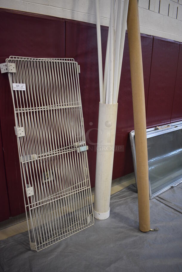 ALL ONE MONEY! Lot of Various Items Including Racks and Tubes. Includes 63x25x0.5. (Middle School Gym)
