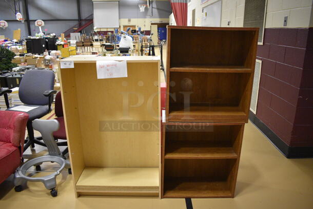 3 Various Wood Pattern Bookshelves.  30x12x48, 25.5x12x28.5. 3 Times Your Bid! (Chipperfield Elementary Gym)