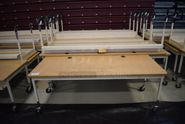 7 Various Tables w/ Wood Pattern Tabletops and Tan Metal Legs on Commercial Casters. Includes 90.5x30x30. 7 Times Your Bid! (Middle School Gym)