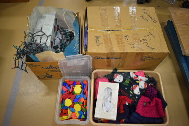 ALL ONE MONEY! Lot of Wooden Blocks, Blanket, Clothes, Christmas Lights and Paper. (Chipperfield Elementary Gym)