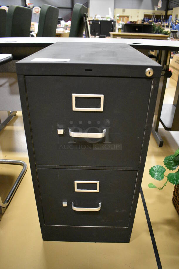 Black Metal 2 Drawer Filing Cabinet. 15x27x29. (Chipperfield Elementary Gym)