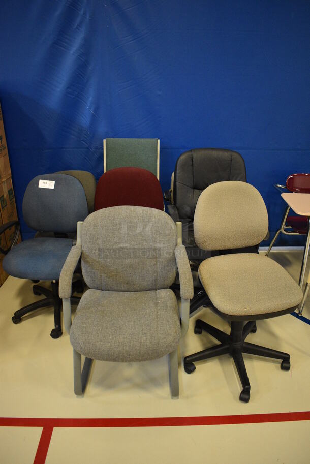 8 Various Chairs Including Office Chairs. Includes 25x25x34. 8 Times Your Bid! (Middle School Gym)
