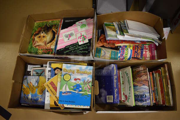 ALL ONE MONEY! Lot of 4 Boxes of Various Books Including Saying Goodbye, I See Something Grand and Bedtime Stories! (Chipperfield Elementary Gym)