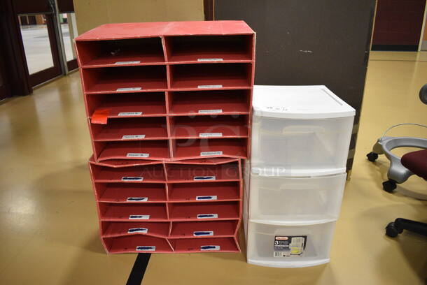 ALL ONE MONEY! Lot of White and Clear Poly 3 Drawer Filing Drawer and 2 Pink 10 Cubby Units. (Chipperfield Elementary Gym)