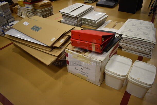 ALL ONE MONEY! Lot of Various Items Including Demco Sheets and Binders. (Chipperfield Elementary Gym)